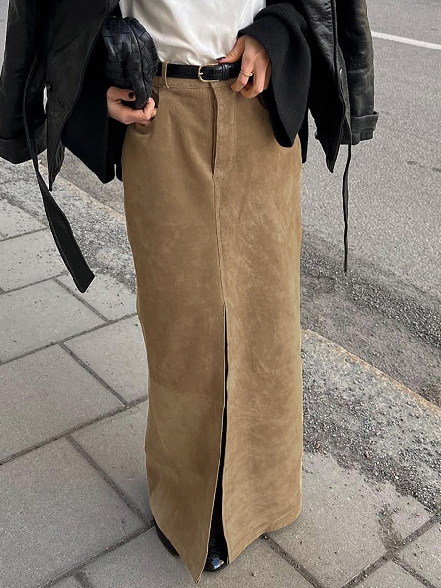 Faux Suede Women Maxi Skirt - Chic Front Slit High Waisted - Quiet Luxury Spring Streetwear 2026-image-1083128