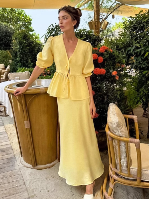 Peplum Top Maxi Skirt Set Women Elegant Two Piece Outfit - Yellow French Tie Front Puff Sleeve - Summer Beach Vacation 2026-image-1083414