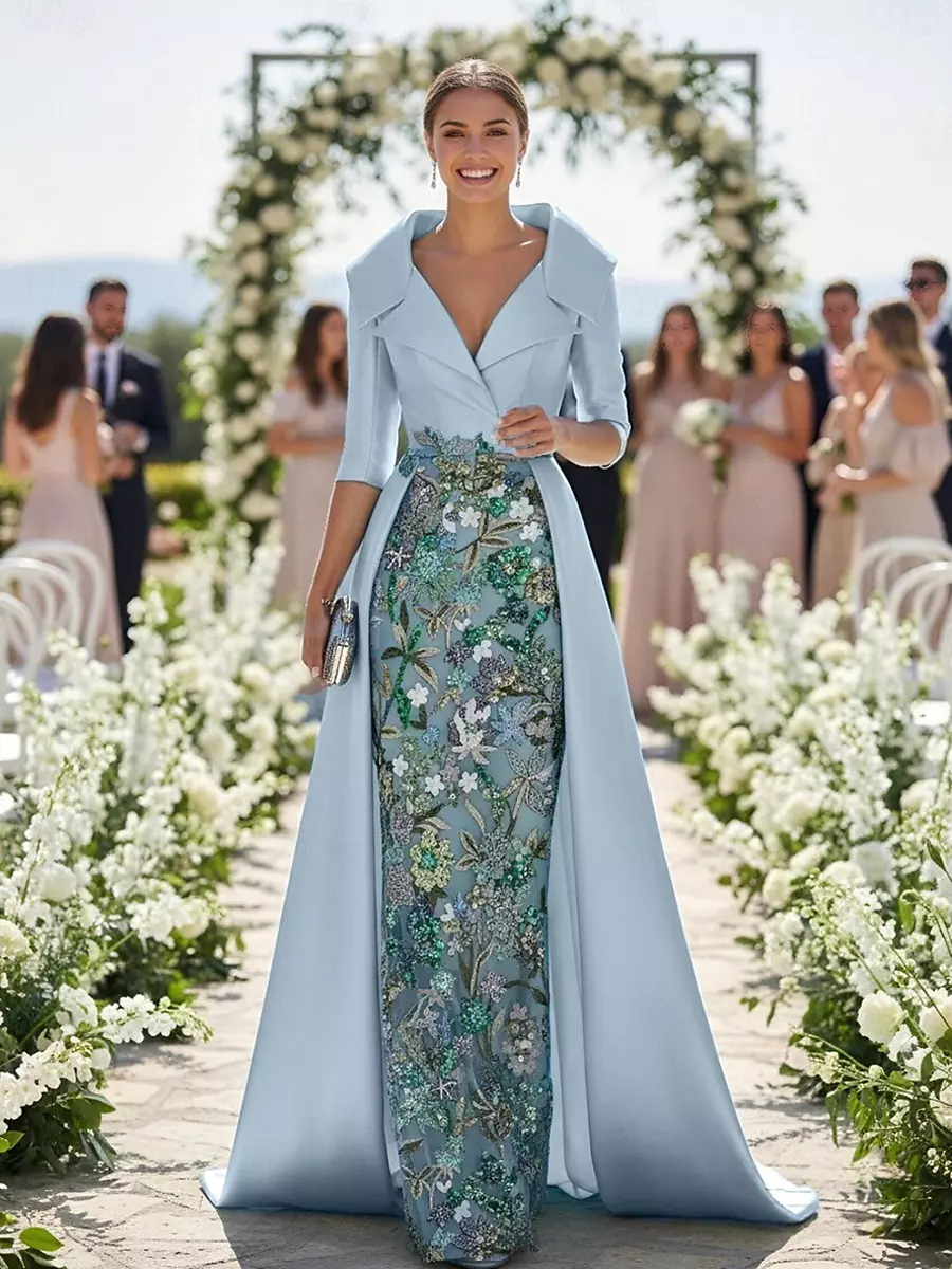 3/4 sleeve long dresses for wedding guest Mother Dress Of The Bride Jewel Neck 3/4 Length Sleeves Sheath Pleated  Bodycon Long Wedding Guest Dresses Free Customization