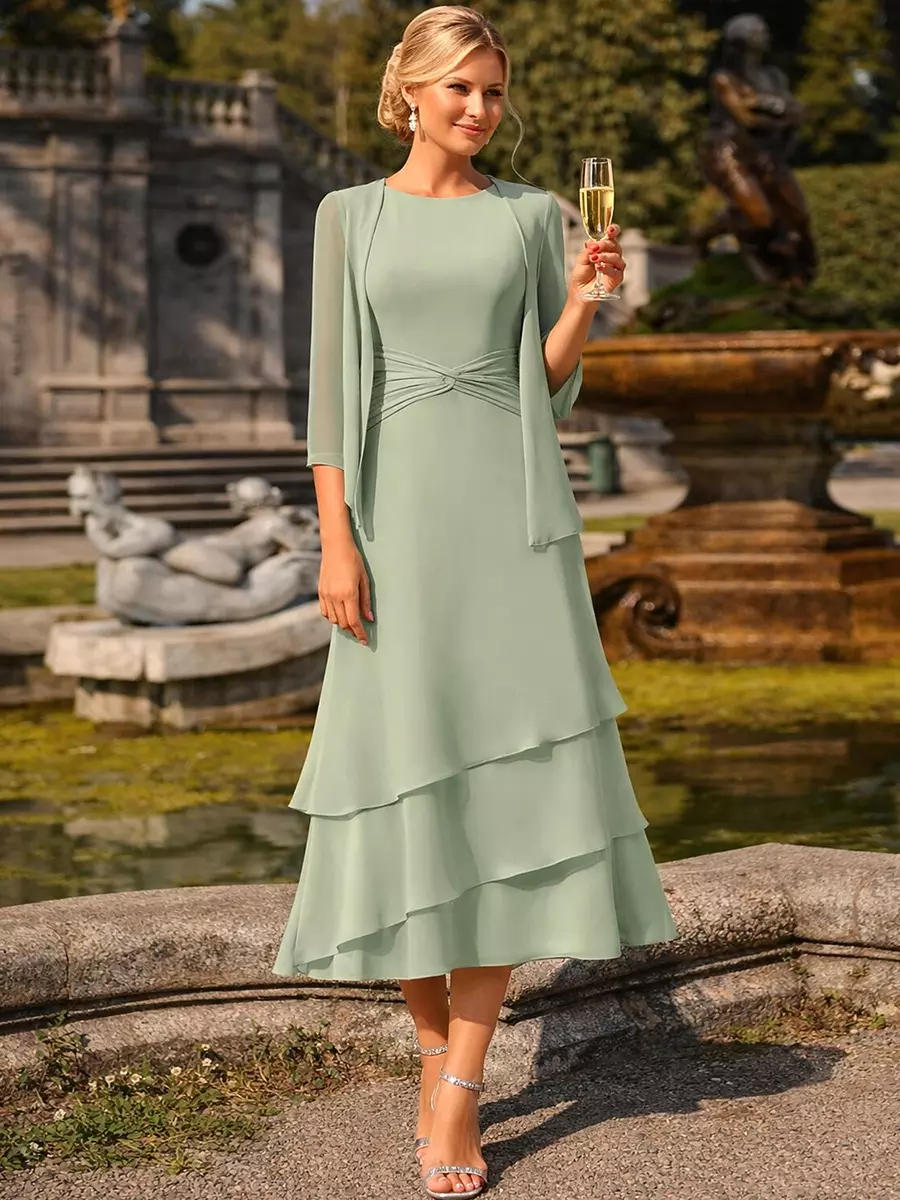 2 Pieces Mother Dress Jewel Neck 3/4 Length Sleeves Two-piece Pleated Wedding  Guest Dresses - Milanoo.com