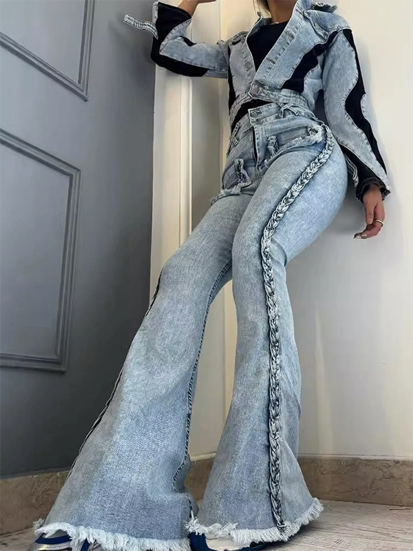 Braided Detail Patch Pocket Flare Jeans For Women - Light Blue Retro Boho High Waisted Bell Bottoms - Spring Vacation 2026-image-1084228