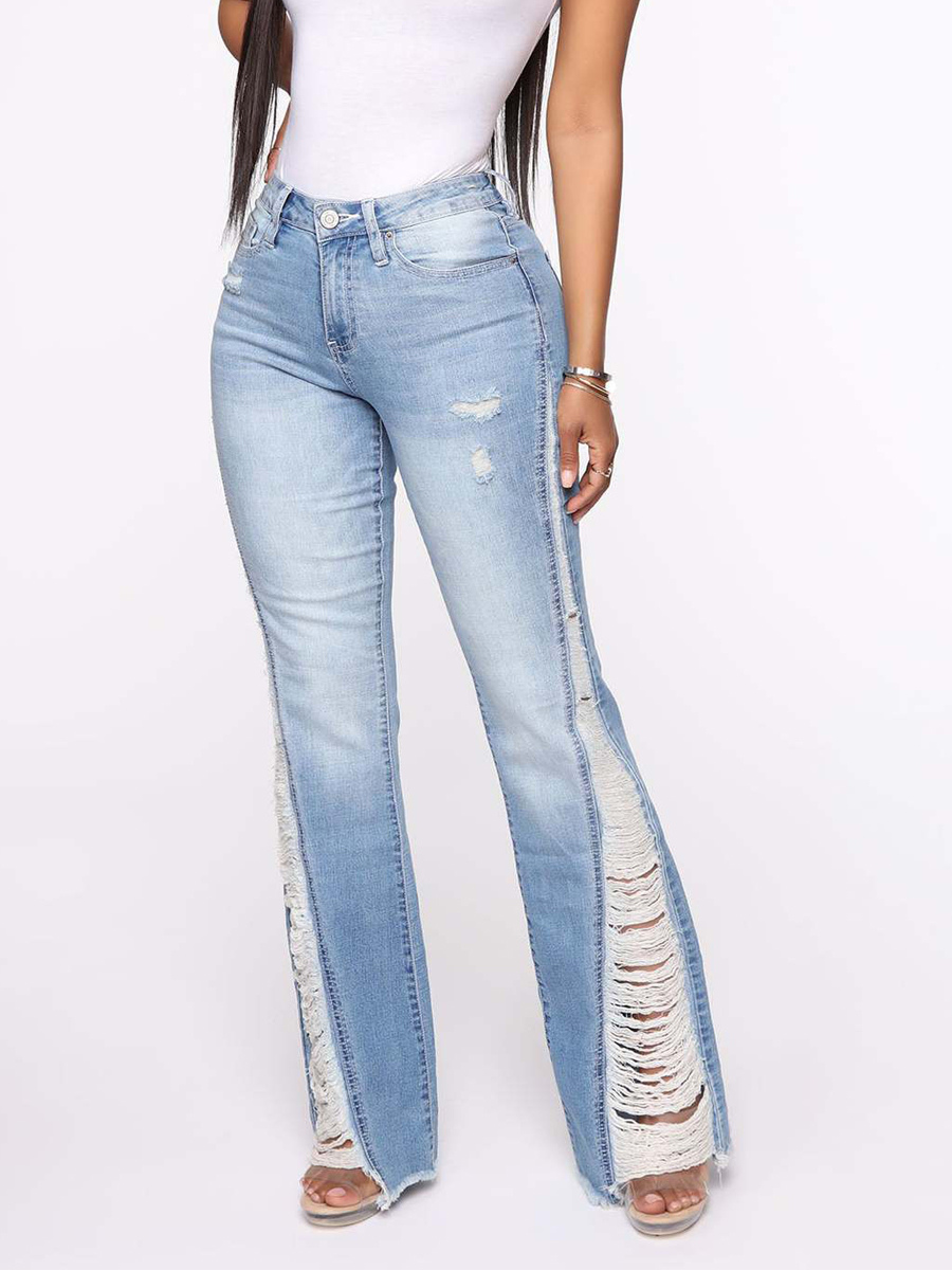 Side Frayed Distressed Flare Jeans For Women - Light Blue Washed Sexy Bootcut Denim - Spring Party Clubwear 2026-image-1084254
