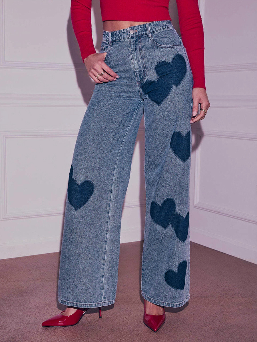 Heart Pattern Wide Leg Jeans For Women - Medium Blue Cute Boho Straight Denim Pants - Spring Date Night Streetwear 2026-image-1084316