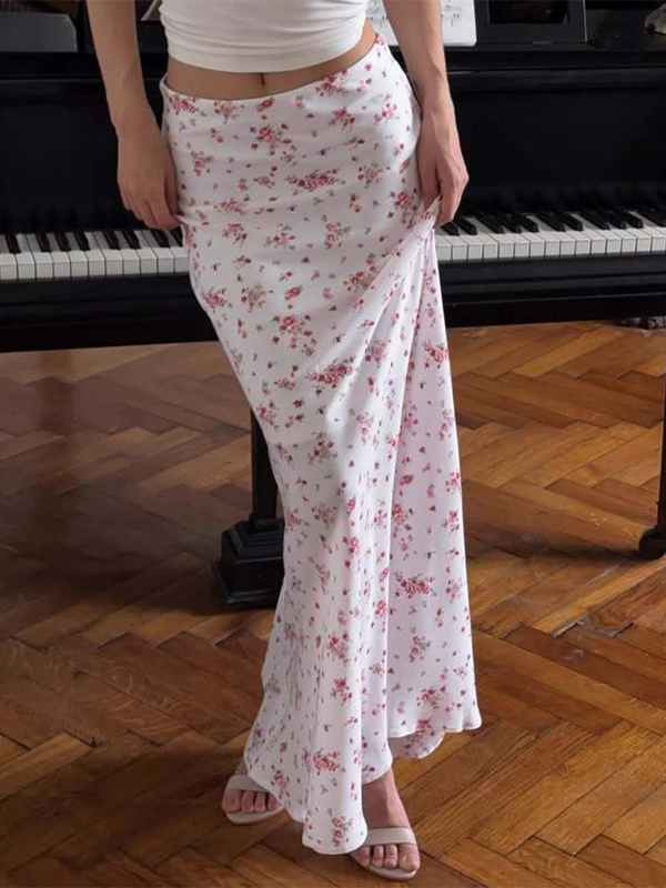 Floral Print Maxi Skirt For Women - Cottagecore Low Waist Slim Fit Long Skirts - Summer Picnic Casual 2026-image-1084834
