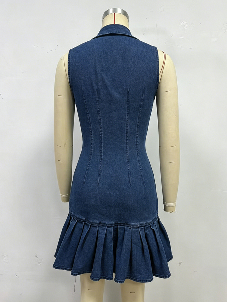 Sleeveless Mini Denim Dress For Women - Dark Blue Beaded Collar Button Up Ruffle Hem Slim Fit Jean Dress - Summer Casual Party 2026