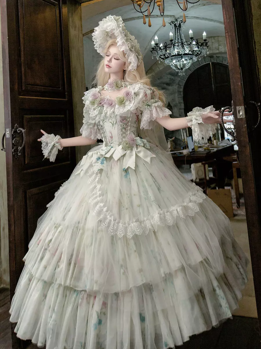 Fairy Lolita Light Green Flowers Bows Ruffles Short Sleeves Princess Dress  Gown - Lolitashow.com