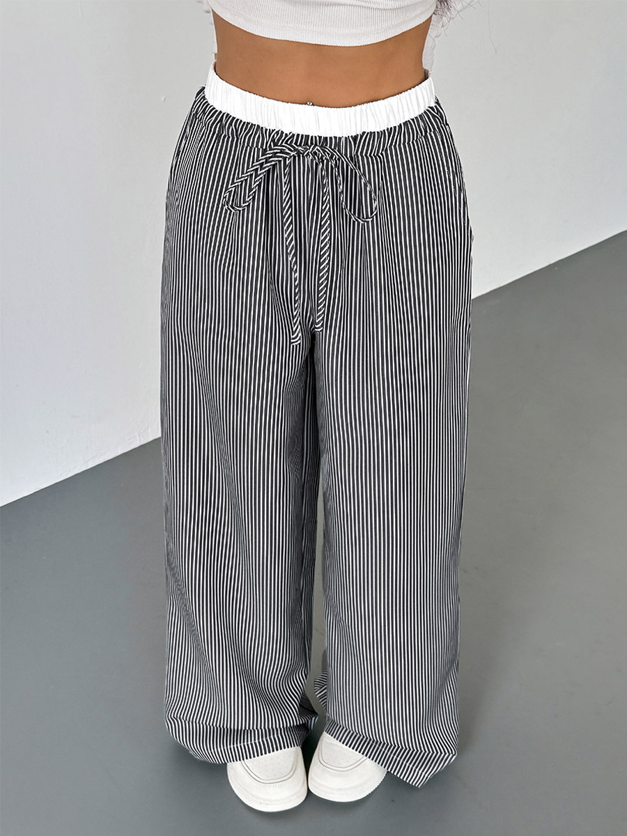 Women's Black White Striped Wide Leg Pants Contrast Elastic Waist Drawstring Casual Trousers-image-1085742