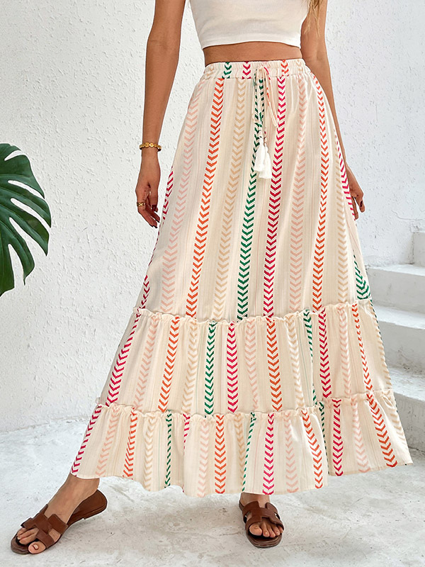 Skirts Apricot Bohemian Stripes Summer Mid-calf Length Women's Bottoms-image-1085746