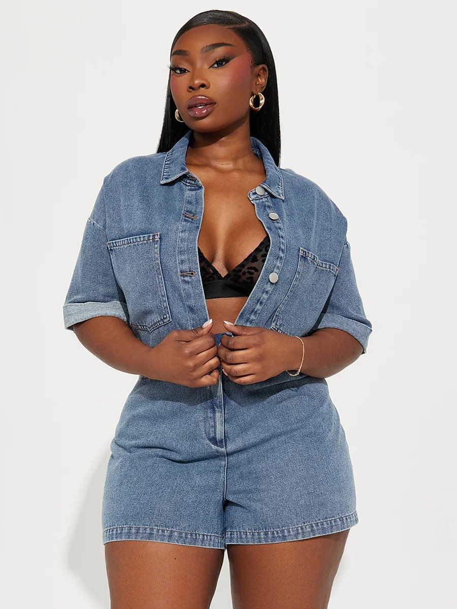 Jumpsuits Deep Blue Turndown Collar Short Sleeves Denim Summer Playsuit-image-1085818