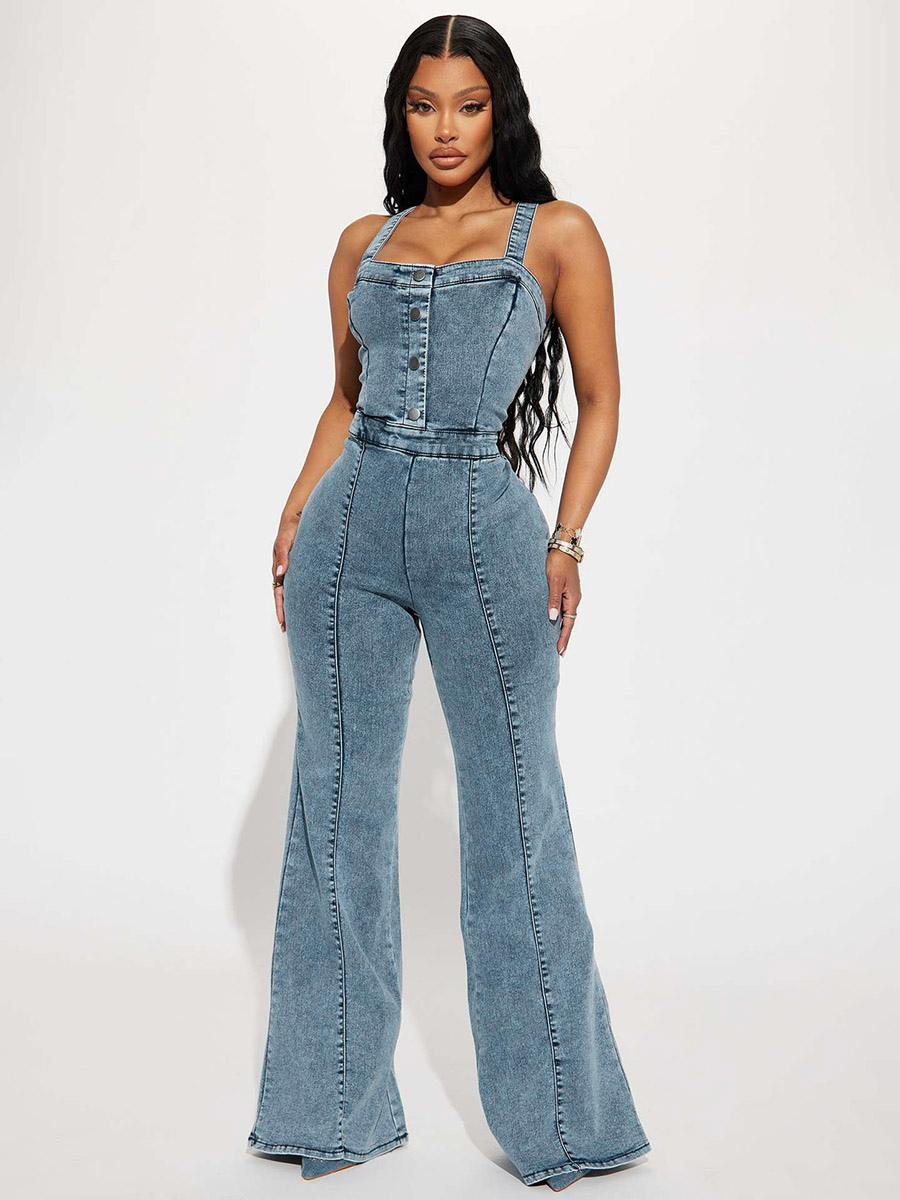 Jumpsuits Blue Straps Neck Sleeveless Denim Flared Summer One Piece Outfit-image-1085842