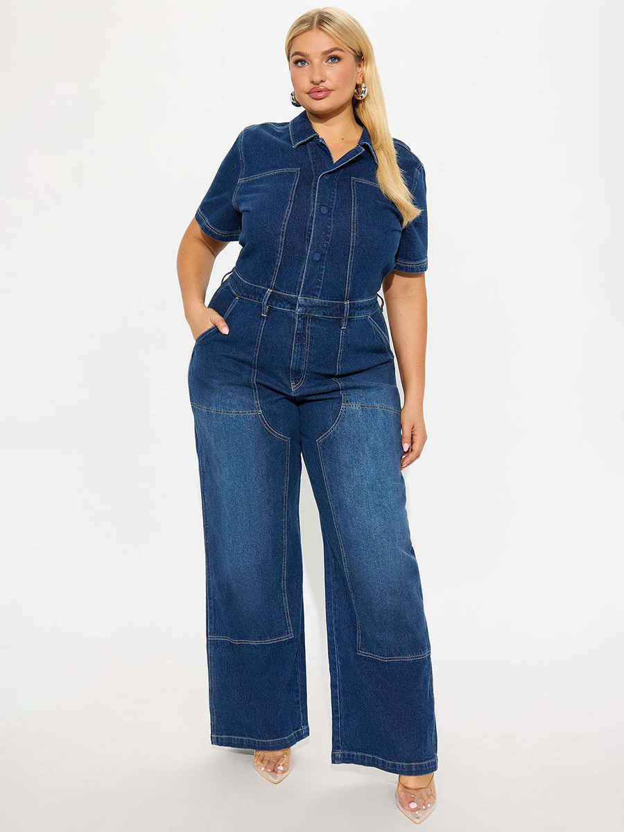 Jumpsuits Deep Blue Turndown Collar Short Sleeves Denim Flared Summer Playsuit-image-1085802