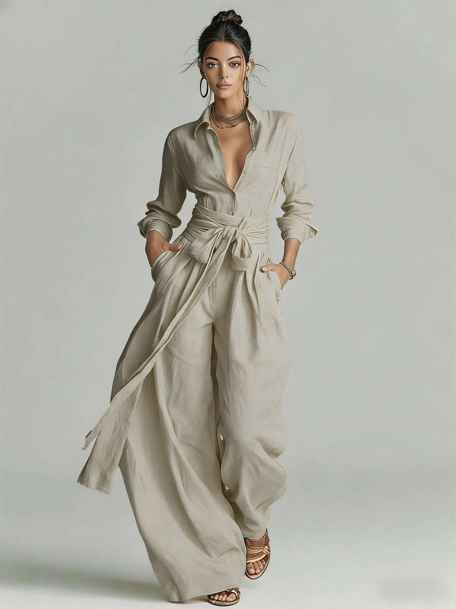 Linen Cotton 2 Piece Set For Women - Elegant Long Sleeves Belted Shirt And Wide Leg Pants - Summer Resort Style 2026-image-1085110