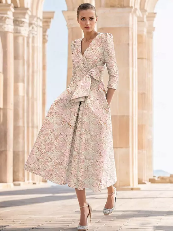 3/4 sleeve tea length cocktail dress Two Tone V-Neck 3/4 Sleeves Ruffled Tea-Length Cocktail Evening Dress QM3346 US10 / Picture Color
