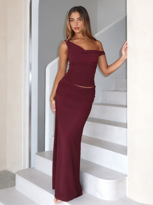 Two Piece Sets Burgundy Chic Dating V-Neck Backless Sleeveless Skirt Set-image-1086772