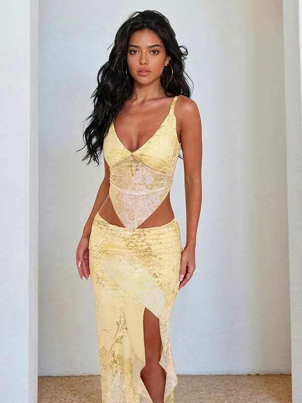 Two Piece Sets Yellow Sexy Street Wear V-Neck Sleeveless Top Skirt Set-image-1086766