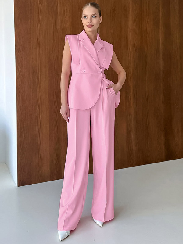 Two Piece Sets Pink Chic Daily Casual Turndown Collar Sleeveless Pant Set-image-1086754