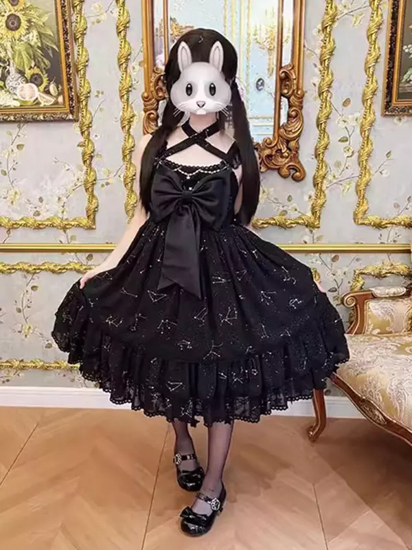 Sweet Lolita Dress Sleeveless Black Star Print Criss-Cross Neck Lolita Dress  - Lolitashow.com