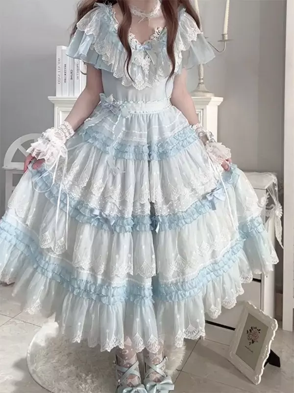short blue fairy dress Aconiconi Elegant Blue French Print Short Princess Dress- Blue Ocean Whisper S / Blue