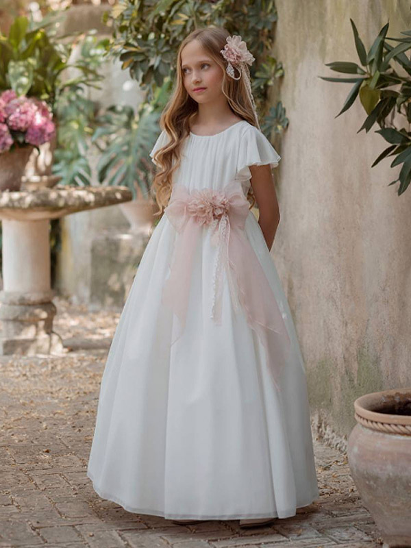 Robes blanches de demoiselle d'honneur en mousseline blanche à manches courtes et col rond