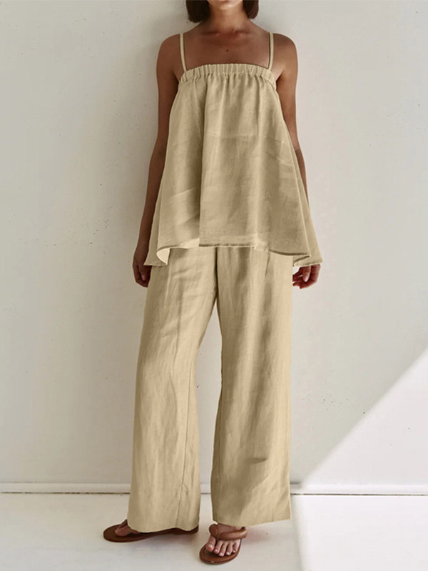 Two Piece Sets Khaki Casual Street Wear Straps Neck Sleeveless Pant Set-image-1087054