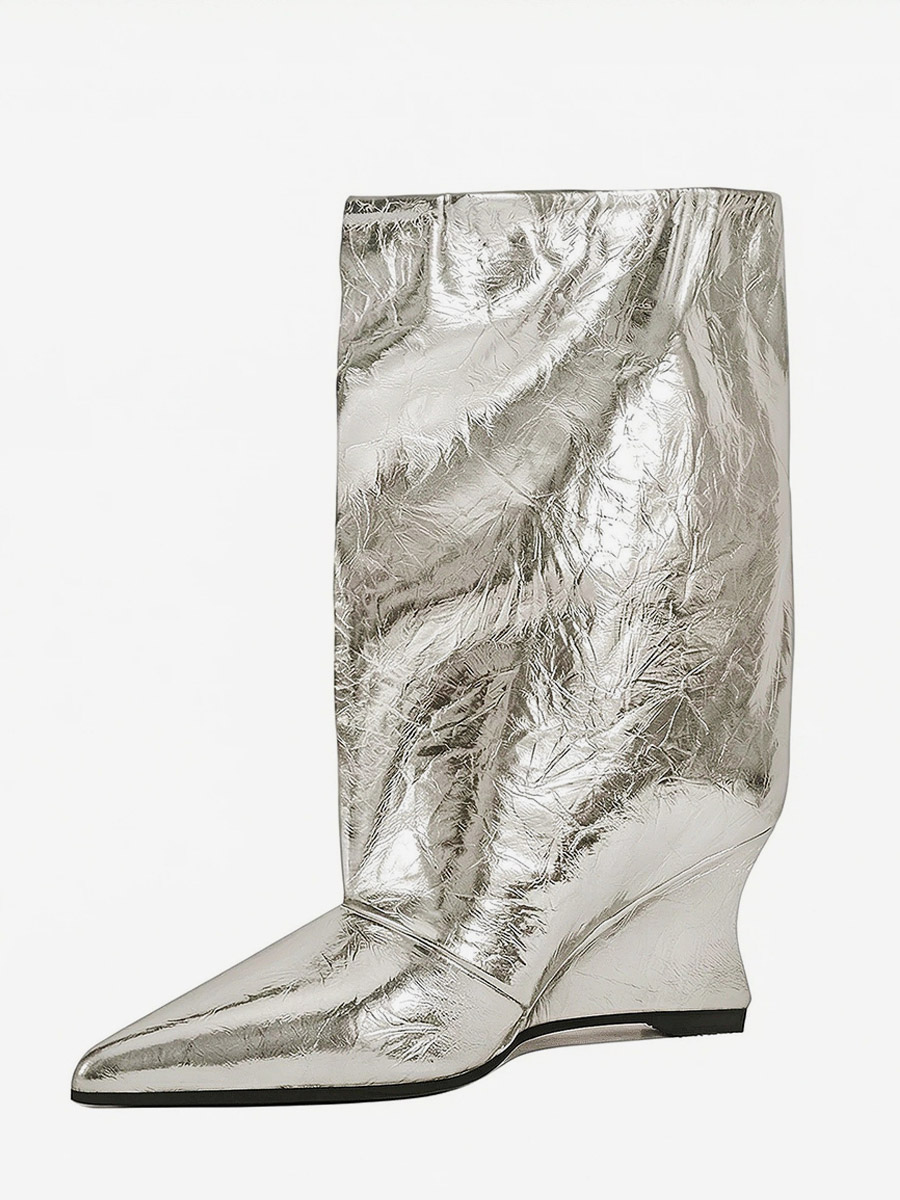 Silver Ankle Boots Metallic Pointed Toe Wedge Heel Party Boots-image-1087158