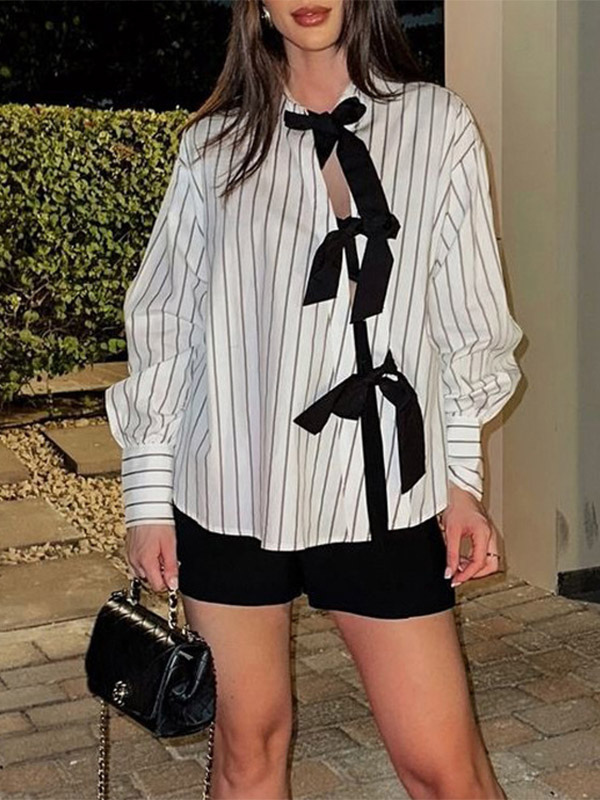 Blouse For Women White Turndown Collar Clothes Casual Bows Long Sleeves Tops-image-1087250