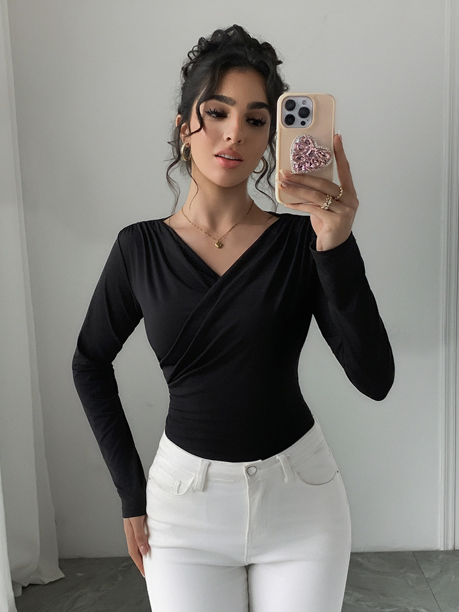 Long Sleeves Tees Black Asymmetrical Neck Polyester Tee Shirt For Women-image-1087232