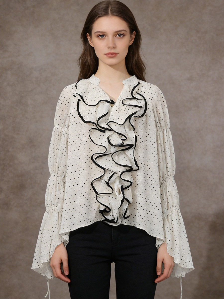 Blouse For Women White V-Neck Clothes Chic Lace Up Ruffles Long Sleeves Tops-image-1087290