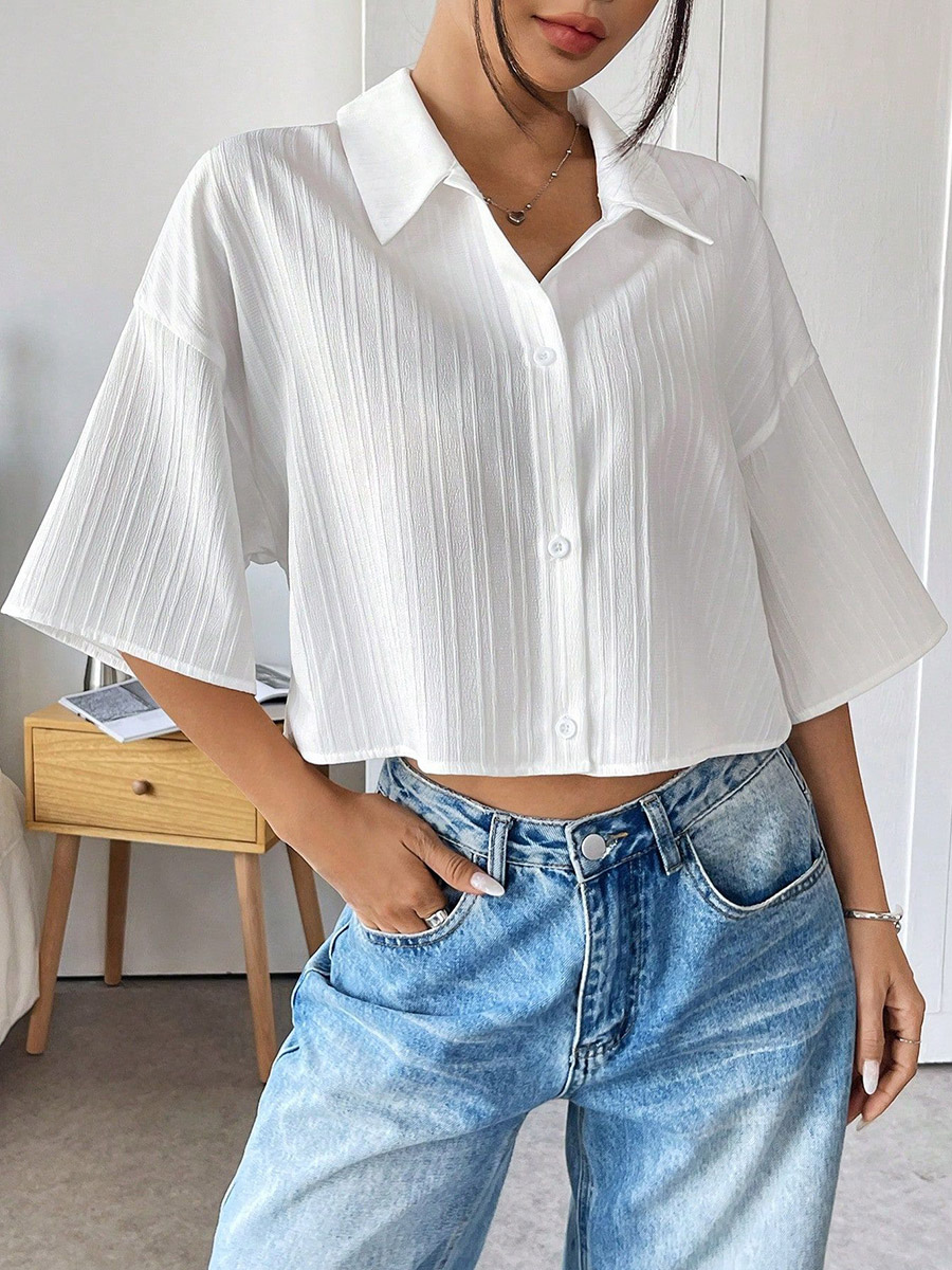 Blouse For Women White Turndown Collar Clothes Chic Buttons Half Sleeves Tops-image-1087242