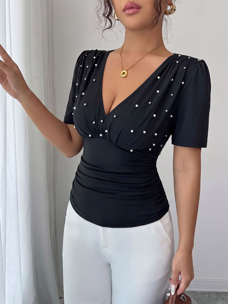 Short Sleeves Tees Black Pleated Pearls V-Neck Women Tee-image-1087218