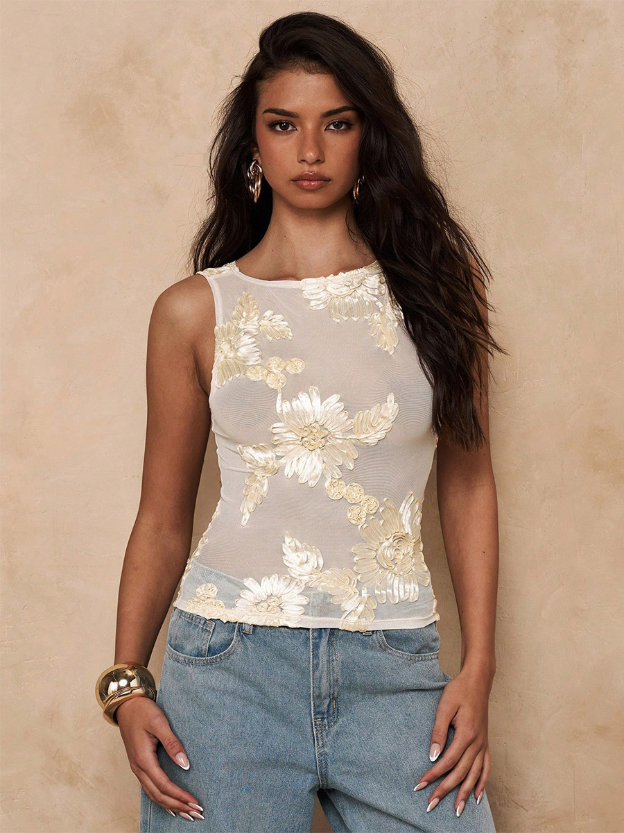 Apricot Cami Top Off-The-Shoulder Embroidered Tulle Casual Women Camis-image-1087216