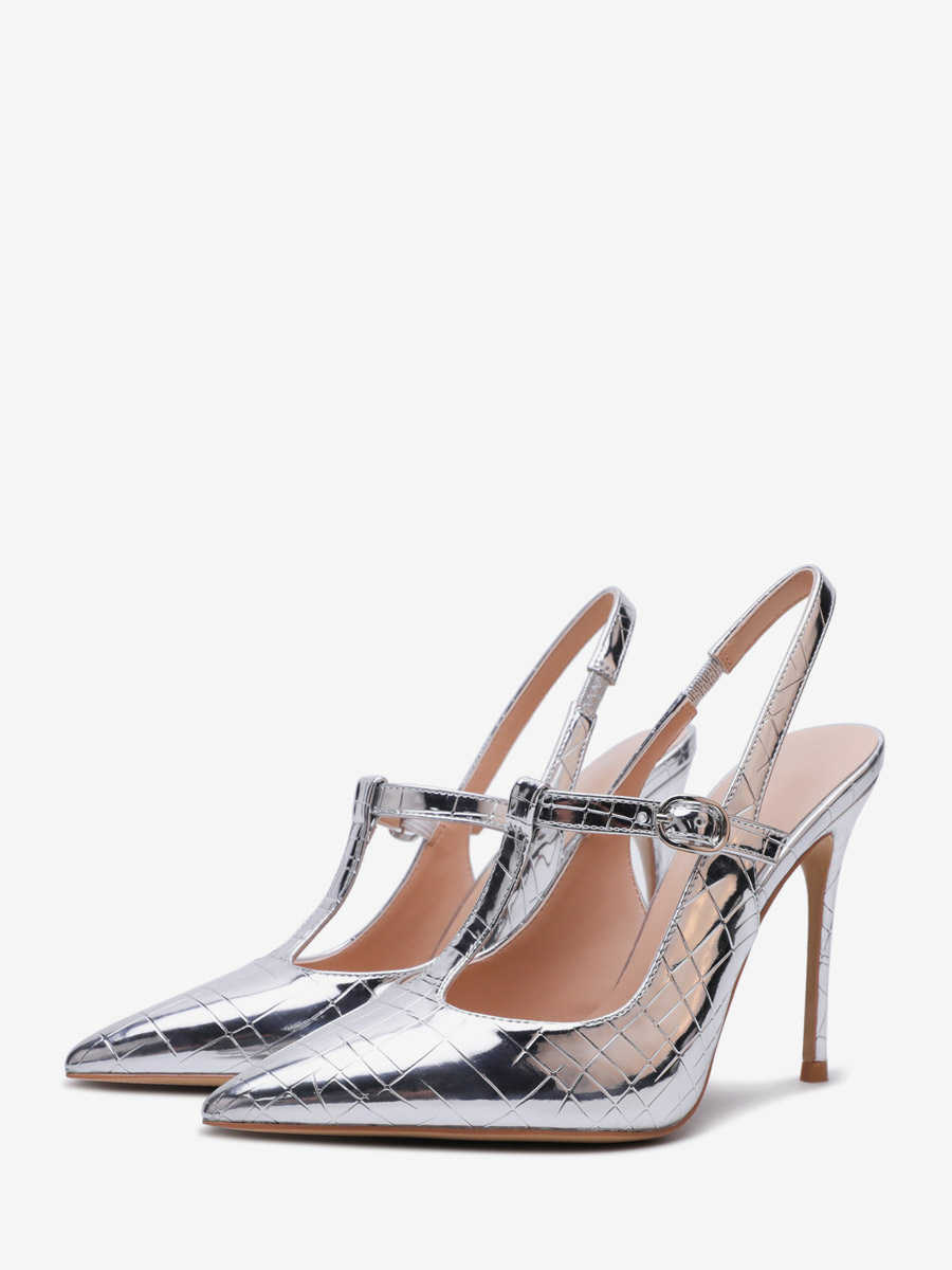 Silver High Heel Pumps Metallic Pointed Toe Stone Pattern Slip On Pumps-image-1087504