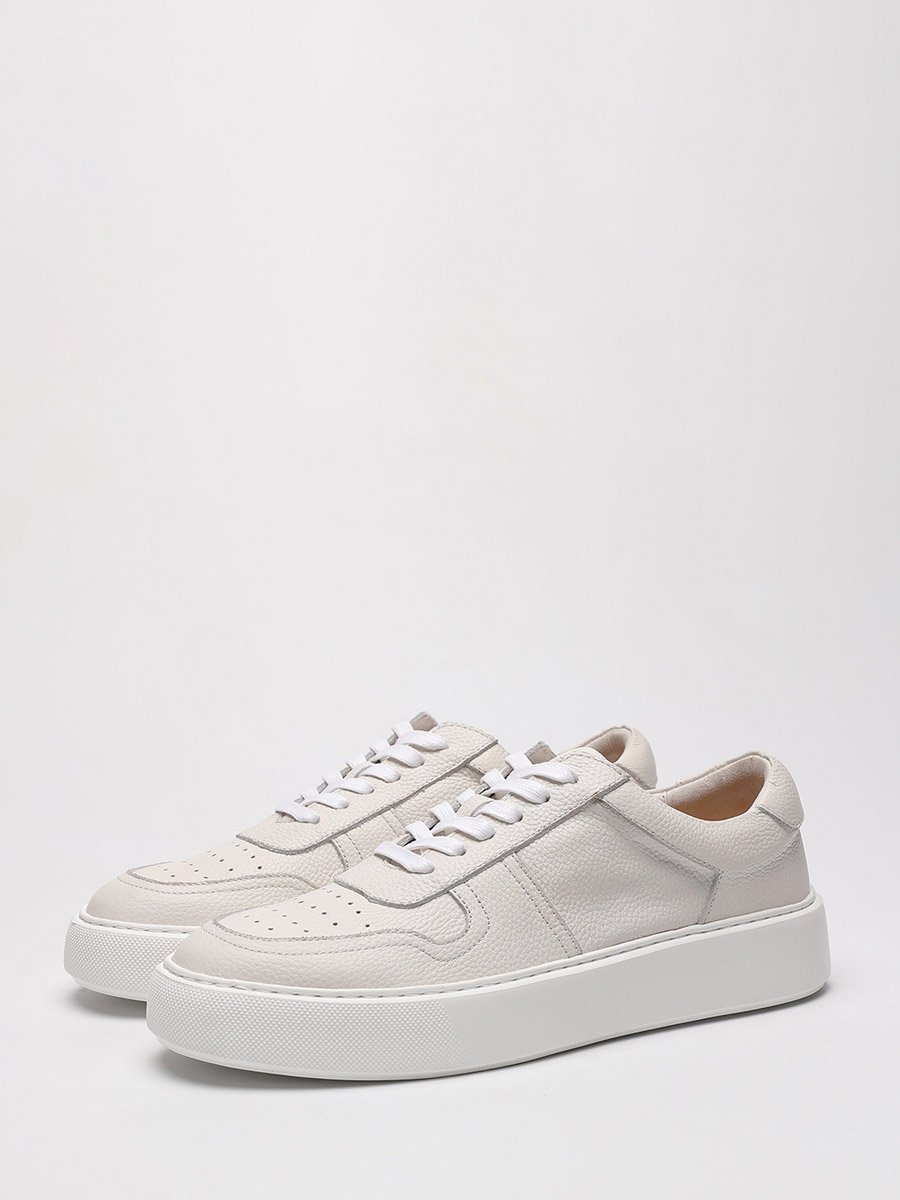 White Casual Sneakers Real Leather Round Toe Lace Up Shoes-image-1087736