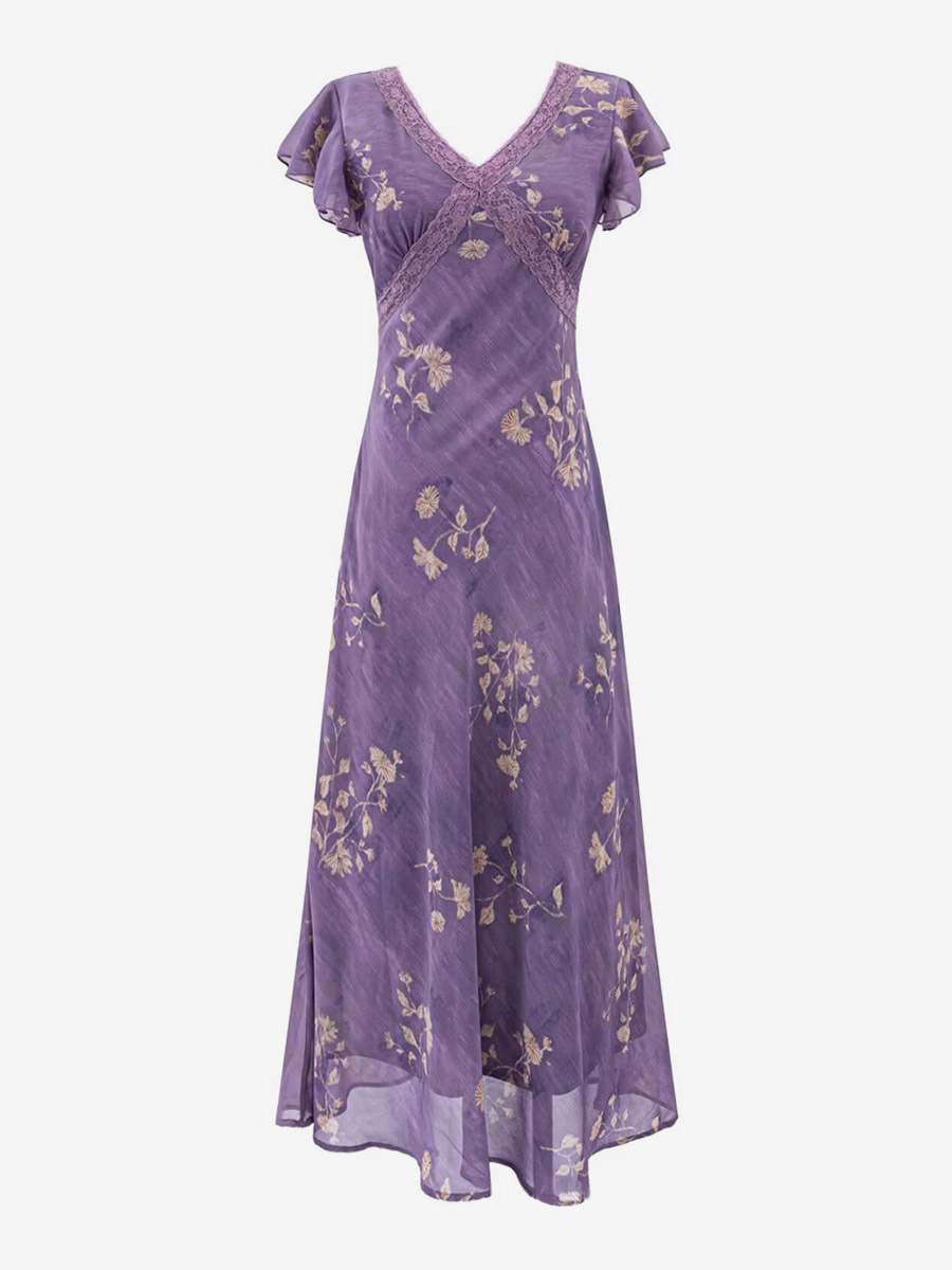 Daily Dresses For Woman Purple Shaping Flowers V-Neck Raised Waist Cap Sleeves Dress-image-1087950