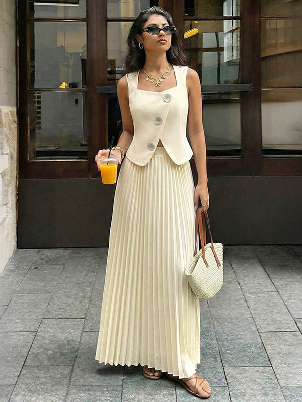 Two Piece Sets Apricot Dating Chic Jewel Neck Sleeveless Skirt Set-image-1088060