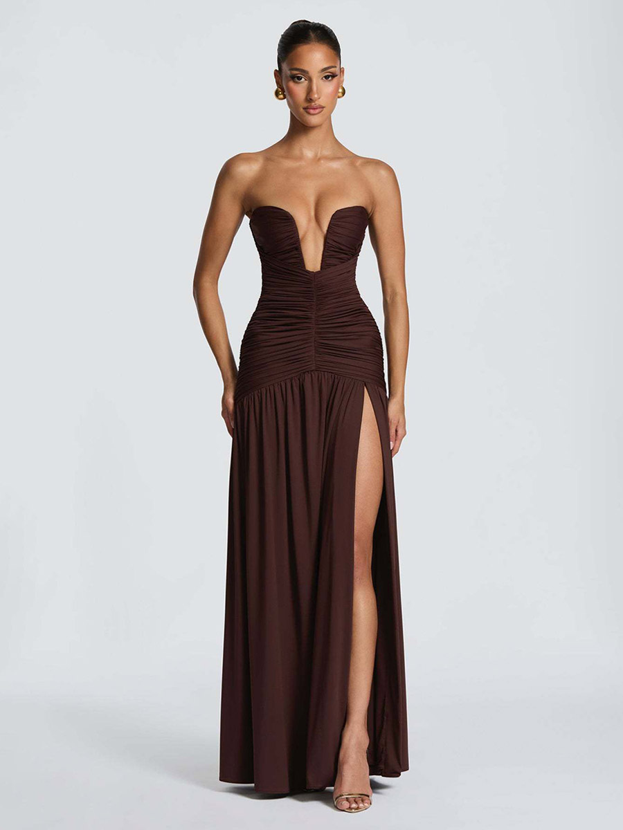 Party Dress Maxi Coffee Brown Halter Zipper Sleeveless Backless Elegant Semi Formal Dress-image-1088204