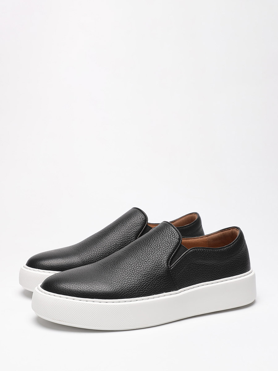 Black Men's Loafers Real Leather Round Toe Slip On Casual Shoes-image-1088132