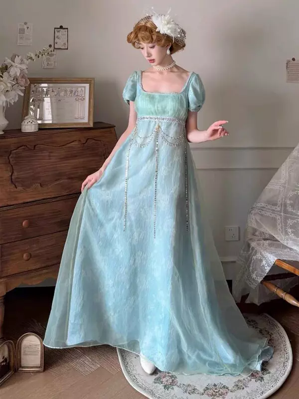 mint green empire waist dress Exquisite Deep V Neck Flying sleeve A-Line Empire Waist Irregular heml