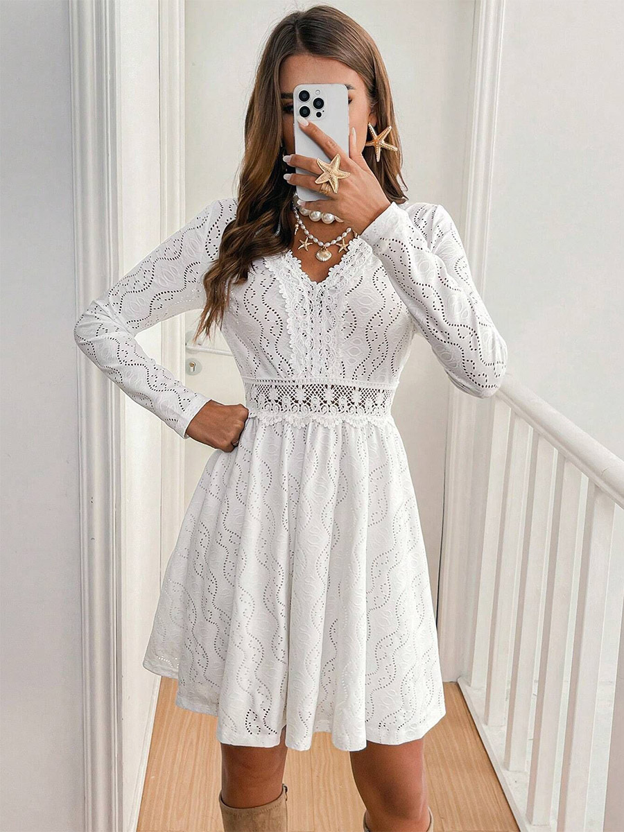 Daily Dresses Mini Woman's Dress Long Sleeves V-Neck Raised Waist Casual Lace White Dress-image-1088900