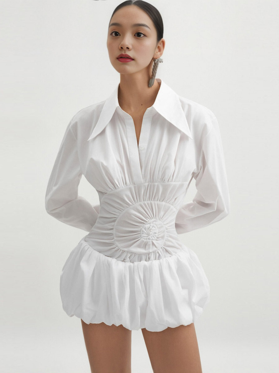 Daily Dresses Mini White Buttons Long Sleeves Turndown Collar Dress-image-1088976