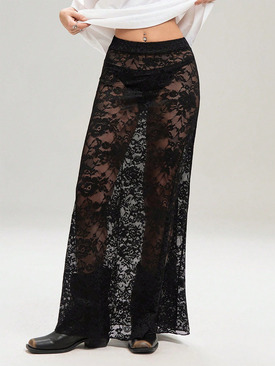 Skirts Black Lace Raised Waist Sexy Sheer Long Women's Bottoms-image-1089518