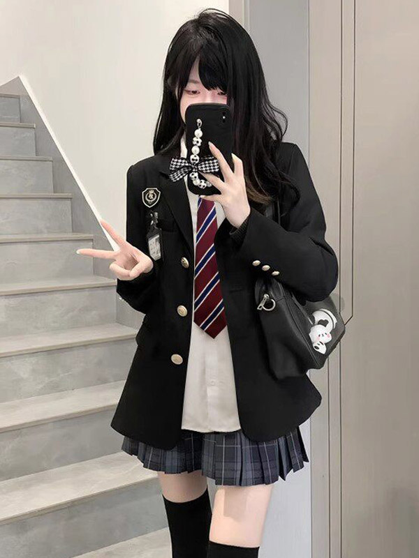 Japanese School Uniform Lolita JK Set Black Plaid Long Sleeves Overcoat Pleated Skirt-image-1089530