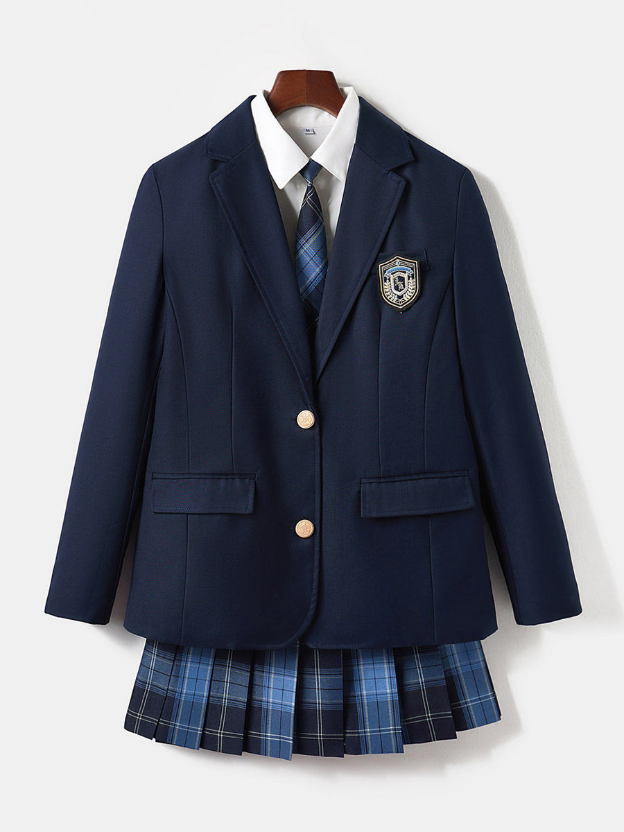 Janpanese School Uniform Lolita JK Set Apricot Plaid Long Sleeves Over Coat Shirt Skirt Set-image-1089554