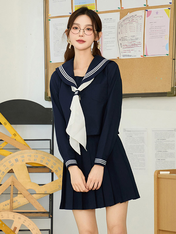 Janpanese School Uniform Lolita JK Set Dark Navy Long Sleeves Sailor T-Shirt Short Skirt-image-1089546