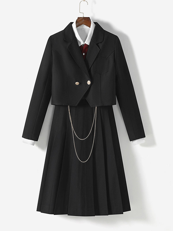 Japanese School Uniform Lolita JK Set Black Chains Long Sleeves Overcoat Shirt Skirt Set-image-1089540