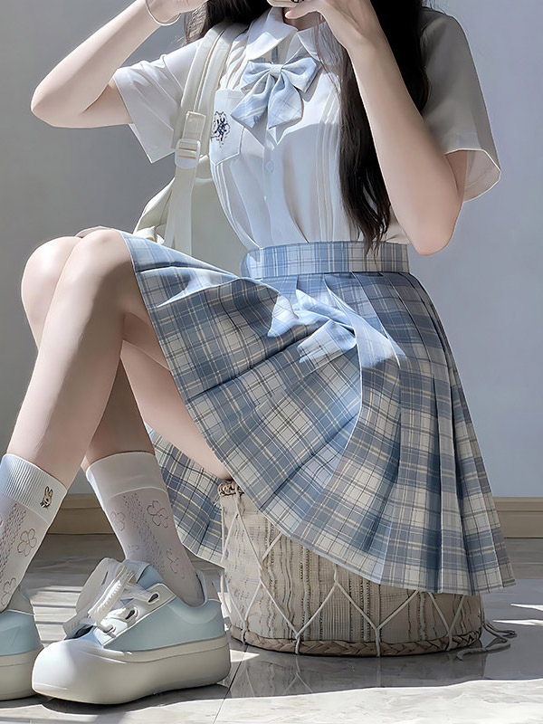 Japanese School Uniform Lolita JK Set Gray Plaid Short Sleeves Shirt Skirt Set-image-1089532