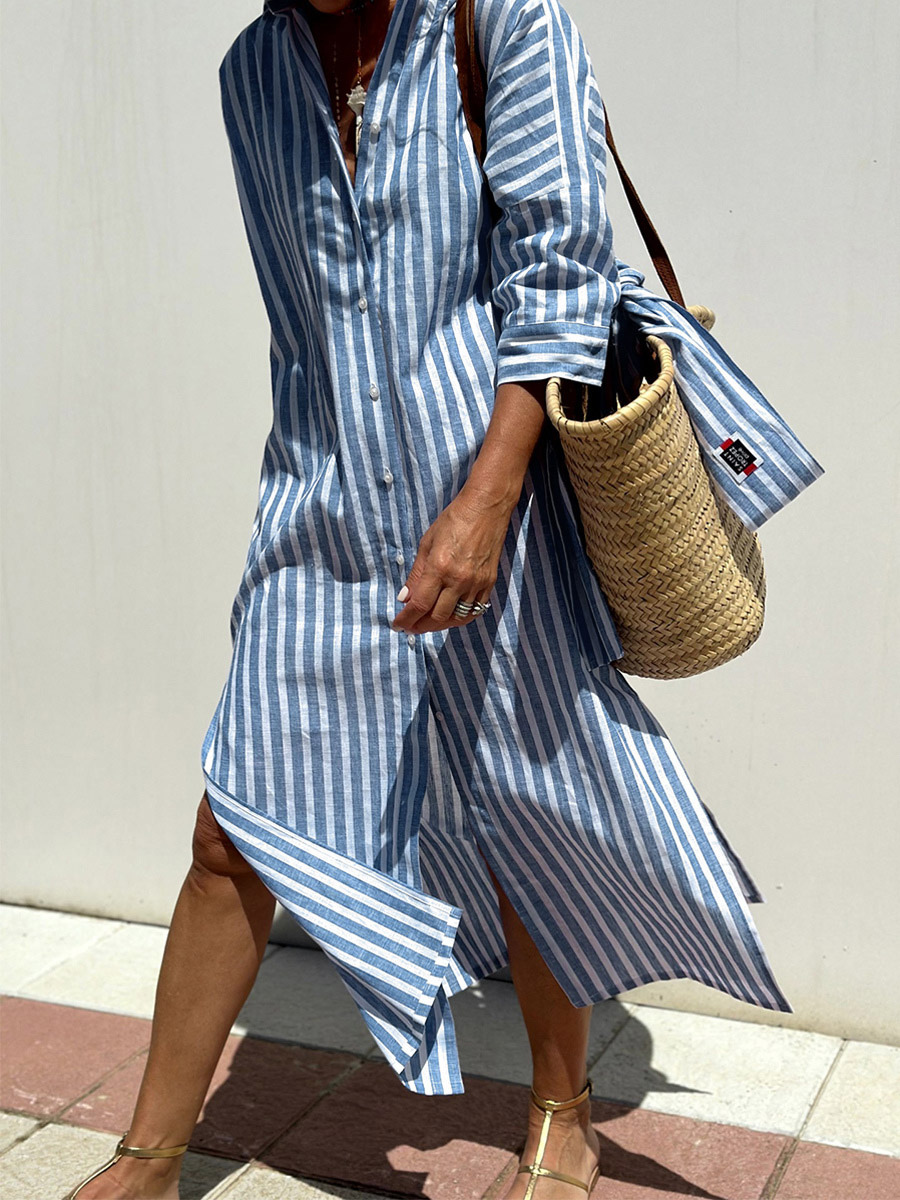 Printed Shirt Dress For Women - Casual Collared Button Down Tie Waist Midi Kaftan - Summer Beach Resort 2026-image-1085104