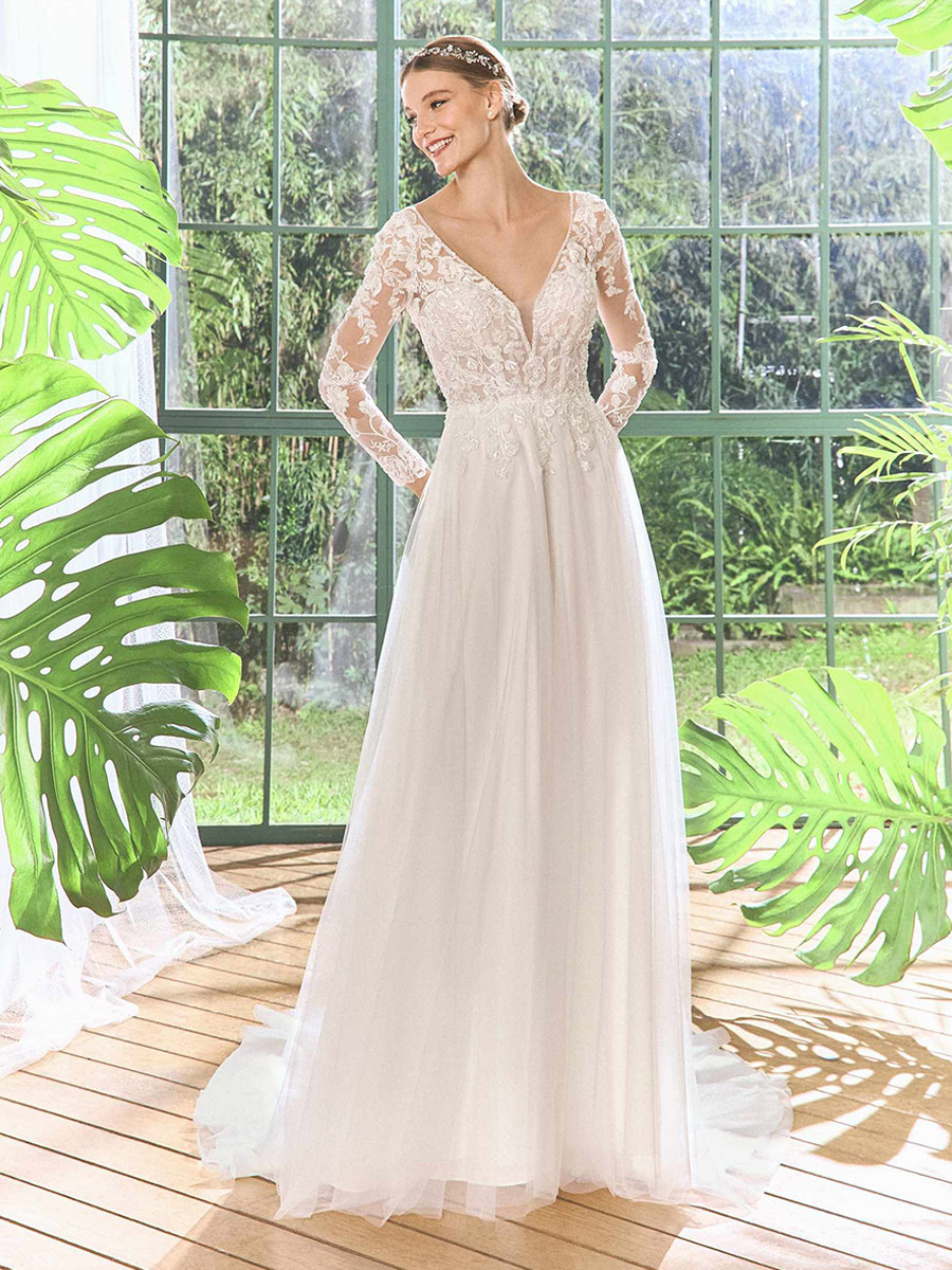 Lace Wedding Dress V-Neck Long Sleeves With Train Lace Bridal Gowns-image-1089710