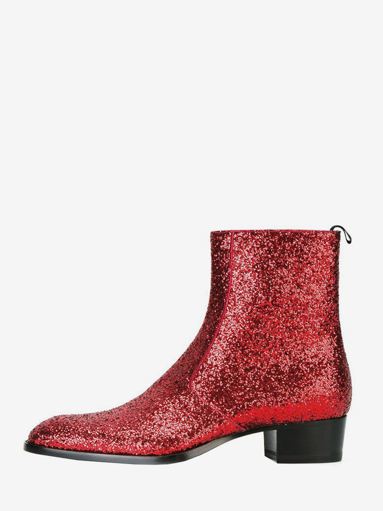 Bottines à paillettes en cuir véritable bout rond talon épais
