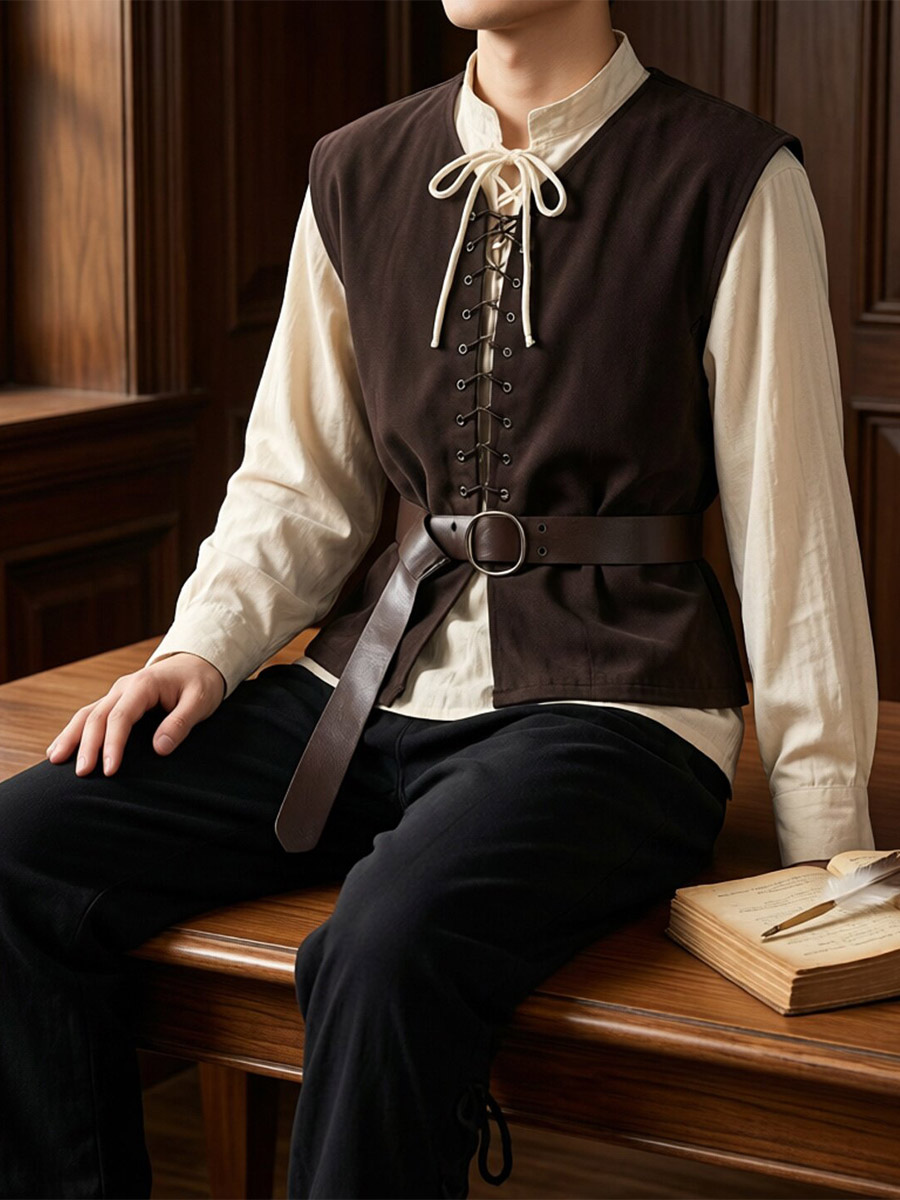 Ensemble gilet et chemise médiévaux marron et noir tenue de paysan/voleur Renaissance pour homme gilet à lacets et chemise de pirate pour fête 